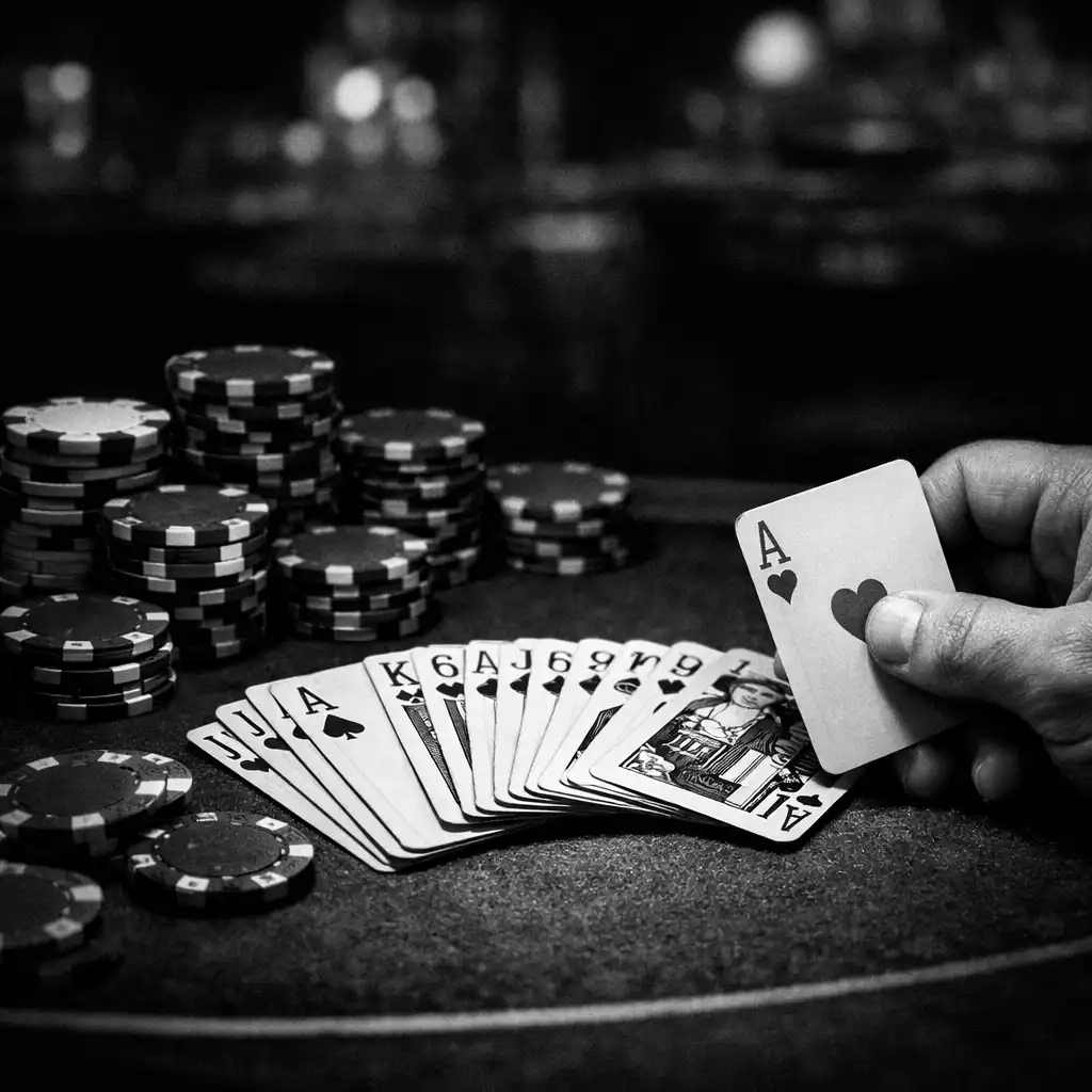 Pokerový stôl s kartami a žetónmi