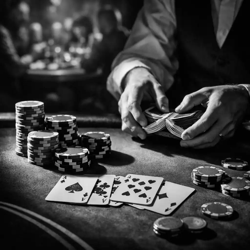 Pokerový stôl s kartami a žetónmi