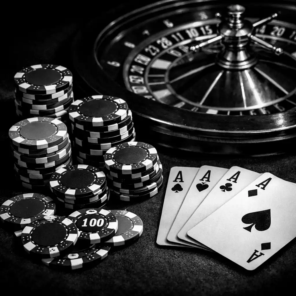 Detail pokerových žetónov a kariet na stole